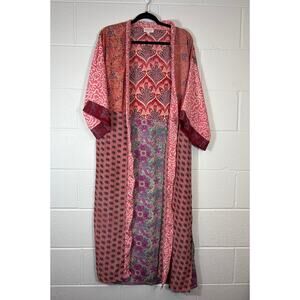 Mamey Cardigan Womens One Size Red Kimono Floral Paisley Patchwork Duster Boho